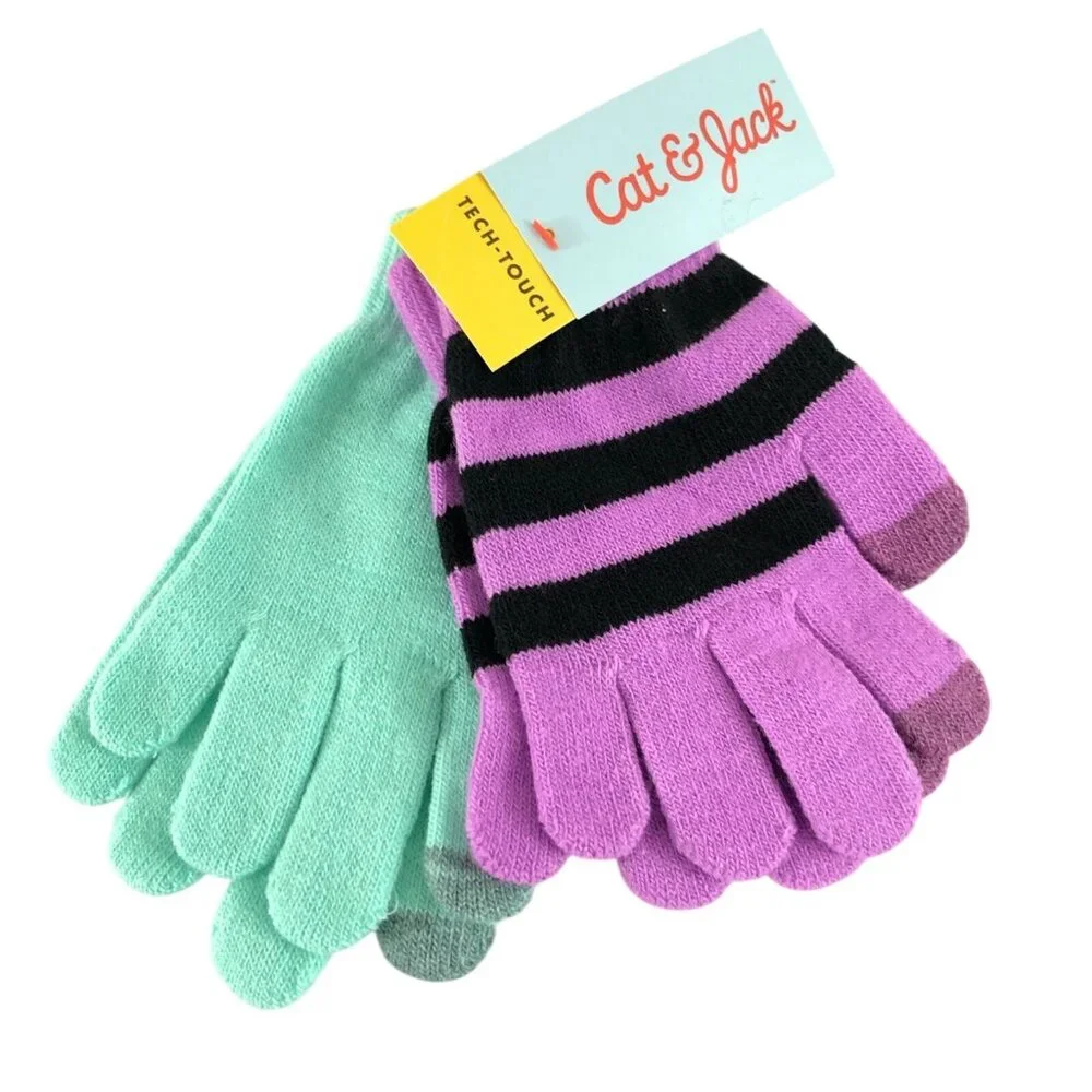 Cat & Jack Girls Gloves Knit Touch Screen 2 Pair Striped Purple Green One Size